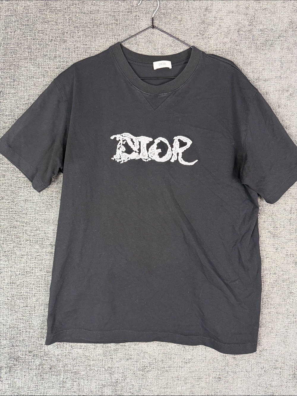 Dior Black Short‎ Sleeve Tee with White Distressed Logo